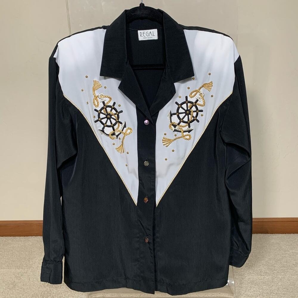 Vintage Black and White Nautical Button Down Shirt sailor anchor Small